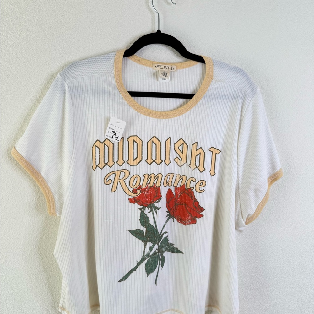 White Tee with Red Rose Graphic